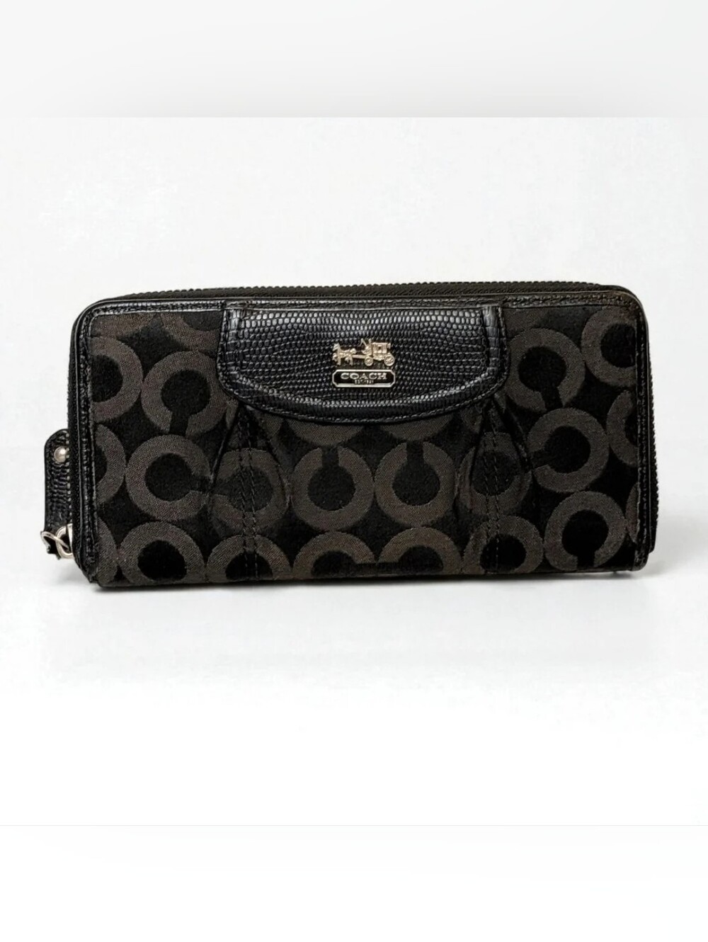Coach Black & Brown Signature Zip Around Wallet Leather Trim Excellent Condition